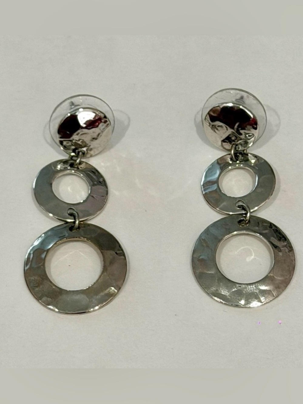 Hammered Silver Tone Double Circle Dangle Earrings Post Backs 1.5” Long